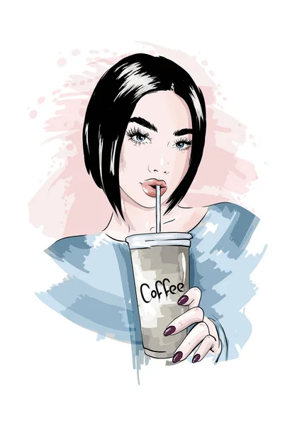 Krásná mladá žena s plastovým šálkem kávy v ruce. Styli — Stockový vektor