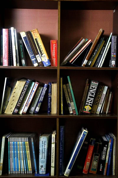 Una amplia variedad de libros en estantes de madera dentro de una biblioteca . —  Fotos de Stock