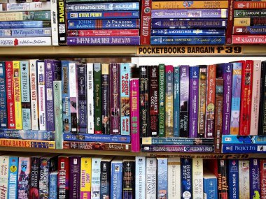 Yeni ve eski kitaplar bir alışveriş mağazasında satışa.