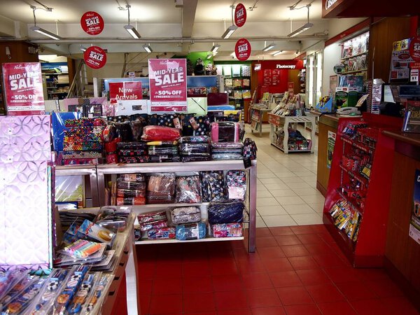 School and office supplies on sale at a bookstore.