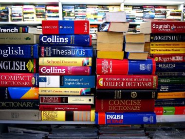 Sözlükler ve referans kitap bir kullanılmış kitap mağazasında ekranda geniş bir seçki