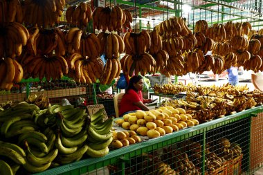 Yeni açılan bir markette meyve satıcısı. Islak ve kuru.