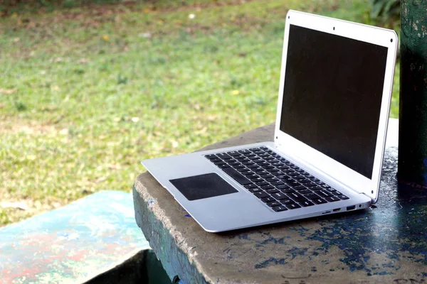 Laptop komputer w parku odkrytym — Zdjęcie stockowe