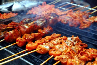 Mangalda ızgara domuz eti ve tavuk bağırsağı barbeküsü.