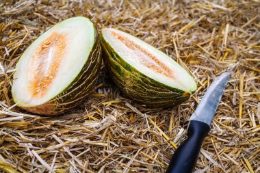 Yarım bir kavun bir saman ve bir bıçak kesim.