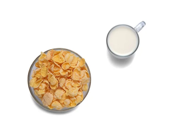 Bowl Cornflakes Cup Milk Light Surface Isolated White Top View — Stock Photo, Image