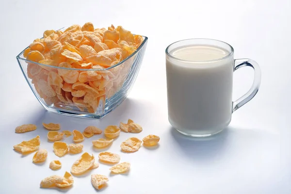 Kom Met Cornflakes Kopje Met Melk Lichte Ondergrond Gezonde Voeding — Stockfoto