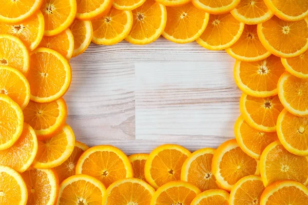 Abstract Background Sliced Oranges Oval Copy Space Top View — Stock Photo, Image