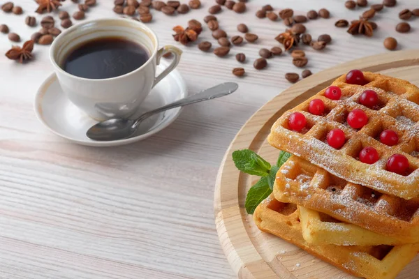 Pile Belgian Waffles Cranberries Light Cutting Board Cup Black Coffee — Stock Photo, Image