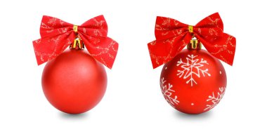 Set of Two Red Christmas ball and ribbon isolated on white clipart