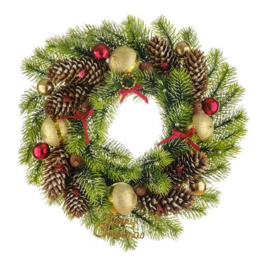 Noel ağacı dalları, yaylar, boncuklar ve kırmızı ve altın toplu çam kozalakları ile Noel kompozisyonu