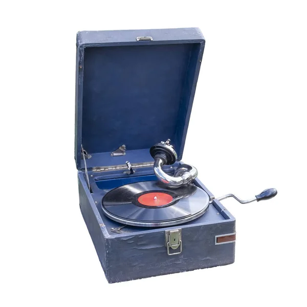 Старый синий фонограф или граммофон, изолированный на белом — стоковое фото