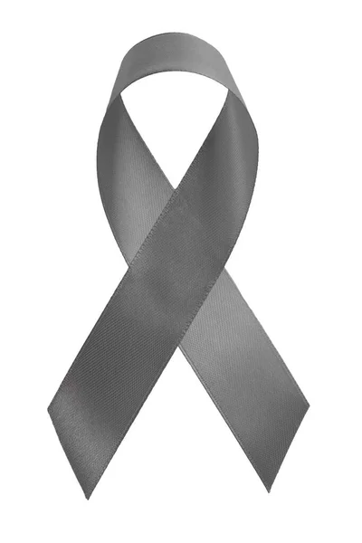 白い背景にグレーのリボンが孤立。パーキンソン病や脳がんの認知の象徴的な概念 — ストック写真