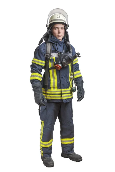 Junger Feuerwehrmann mit Maske und Luftkissen auf dem Rücken — Stockfoto
