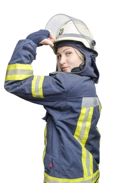 Attractive blonde girl-firefighter in helmet showing fist as woman power symbol. — Stock Photo, Image