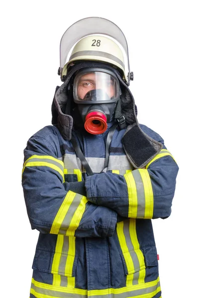 Joven bombero de uniforme con máscara protectora para respirar en la cabeza . —  Fotos de Stock