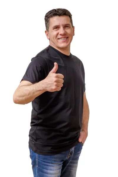 Smiling middle-aged caucasian man gesturing thumb up isolated on white — Stock Photo, Image