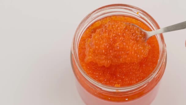 Cuchara Revuelve Caviar Trucha Tomar Una Lata — Vídeos de Stock