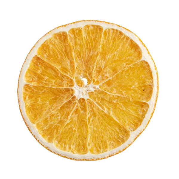 Gedroogde sinaasappelschijfjes geïsoleerd op witte achtergrond. Bovenaanzicht — Stockfoto