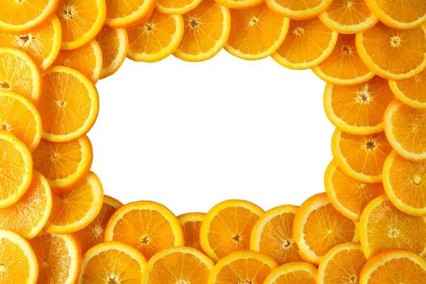 Composition of sliced oranges, frame isolated on white background with copy space for text or advertising. — Stock Photo, Image