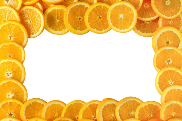 Composition of sliced oranges, frame isolated on white background with copy space for text or advertising. — Stock Photo, Image