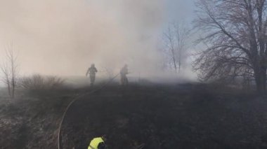 Yahotyn, Kyiv bölgesi, UKRAINE - 20 Mart 2020: Duman içindeki üç itfaiyeci kurak otları ve yanan ormanı söndürmek için hortumu gevşetiyor