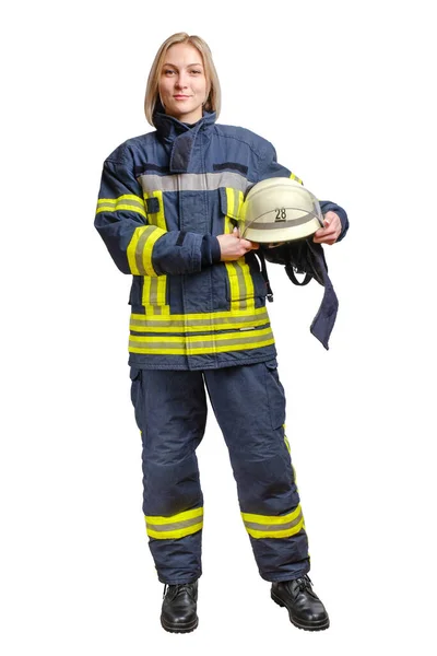 Joven Bombero Sonriente Mujer Uniforme Ignífugo Para Mira Cámara Con —  Fotos de Stock