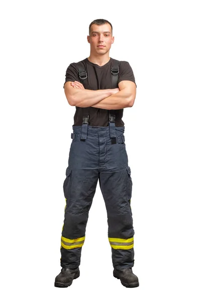 Bombero Joven Con Brazos Cruzados Con Camiseta Negra Pantalones Ignífugos —  Fotos de Stock