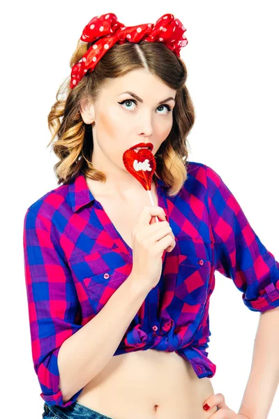 Portrait of beautiful young woman with vintage make-up and hairstyle with lollipop — Stock Photo, Image