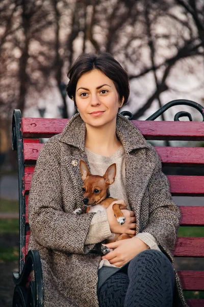 Morena mujer joven sostiene pequeño juguete Terrier perro en sus brazos mientras está sentado en el banco rojo en otoño Park — Foto de Stock