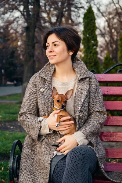 Brunetta giovane donna tiene piccolo giocattolo Terrier cane tra le braccia mentre si siede sulla panchina rossa in autunno Park — Foto Stock