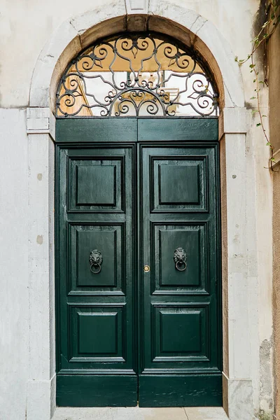 Egy öreg zöld ajtó, oroszlánfej alakú fogantyúkkal. — Stock Fotó