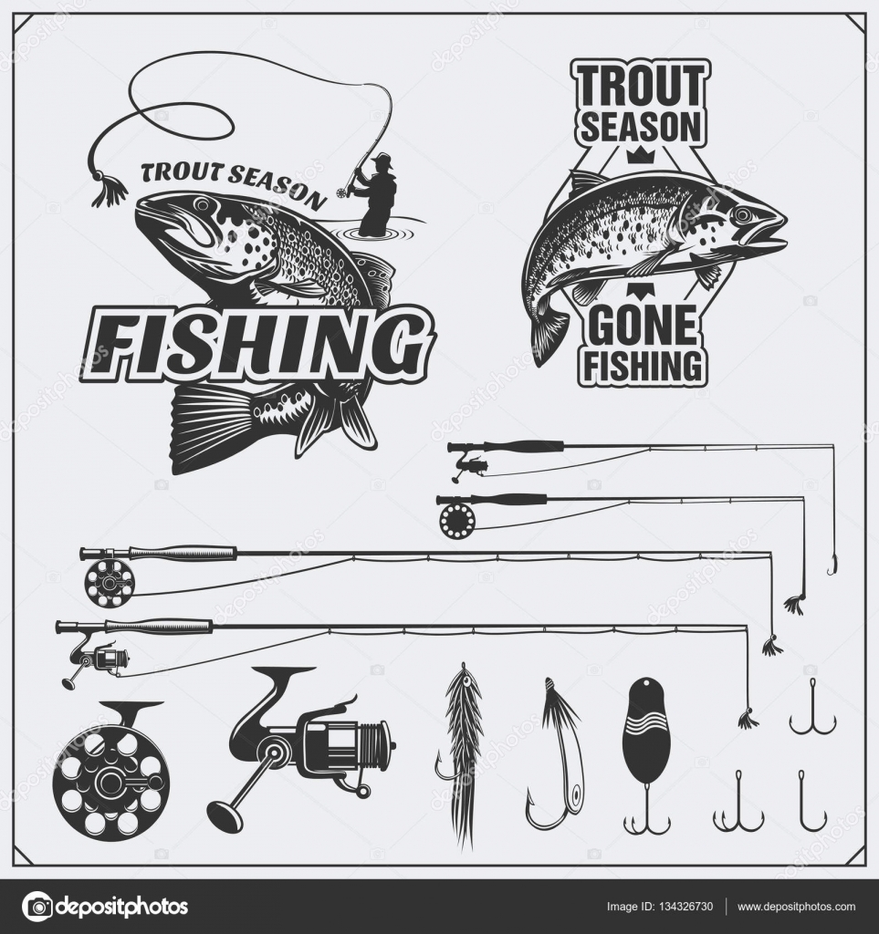 Fishing set. Vintage fishing labels and emblems. Fishing equipment