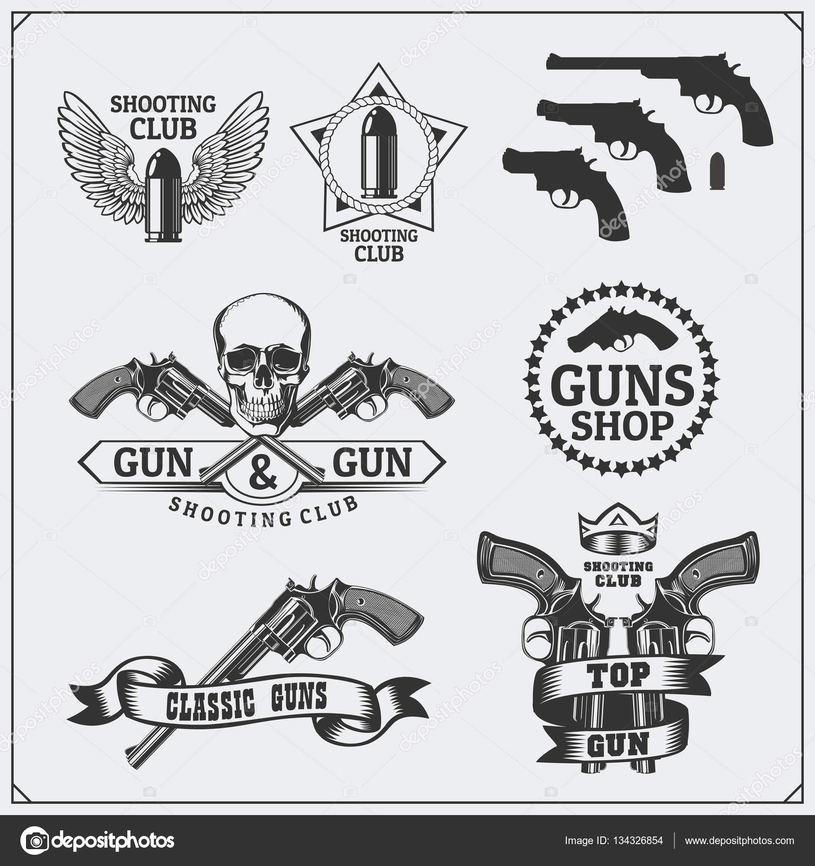 Collection of Gun club emblems, labels and design elements. Revolvers