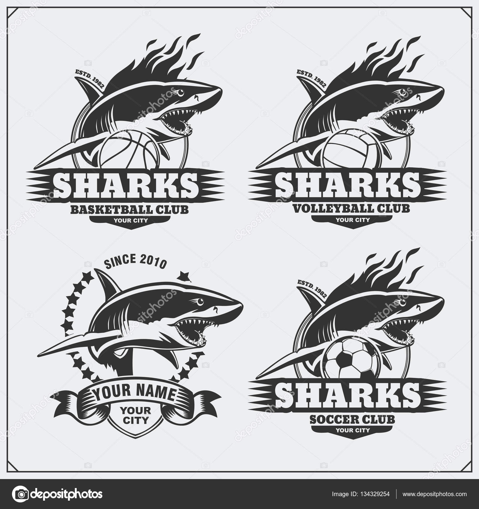 Volleyball Basketball And Soccer Logos And Labels Sport Club Emblems With Shark Vector Image By C Malashkos Vector Stock