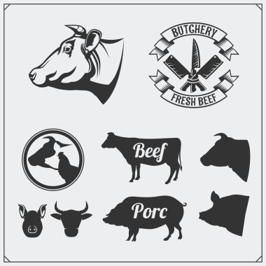 Kasap'ın iş logo, et etiketleri ve tasarım öğeleri. Çiftlik hayvanları siluetleri.