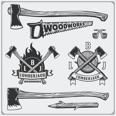 Vector set of vintage Lumberjack logos, labels, emblems and design elements. Axes and saws. clipart