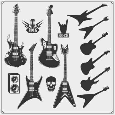 Gitar vektör kümesi. Siyah ve beyaz tasarım.