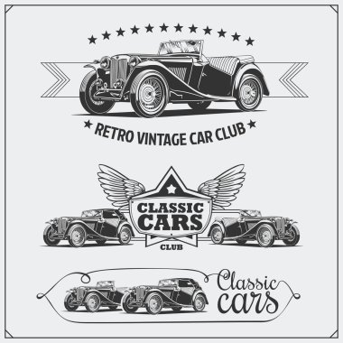 Vintage arabalar ayarlayın. Retro araba garaj. Klasik kas arabalar Etiketler, amblem ve tasarım öğeleri.