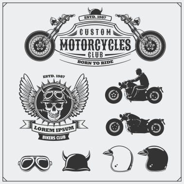 Collection of retro motorcycle labels, emblems, badges and design elements. Helmets, goggles and motorcycles. Vintage style. Monochrome design. clipart