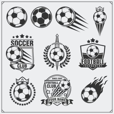 Futbol futbol etiketleri, amblem ve tasarım öğeleri. Vektör kümesi. Tek renkli tasarım.