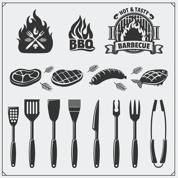 BBQ set. Steak icons, BBQ tools and labels and emblems. Vector monochrome illustration. — Stock Vector