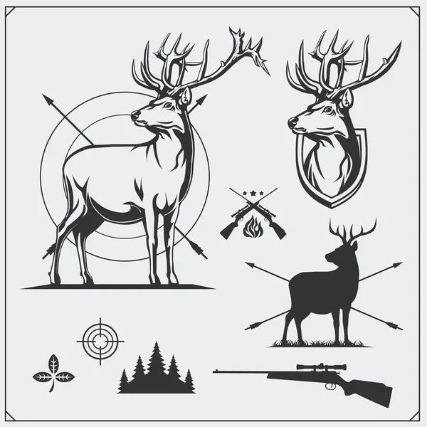Полювання на оленів. Набір старовинних мисливських етикеток, значків та елементів дизайну . — стоковий вектор