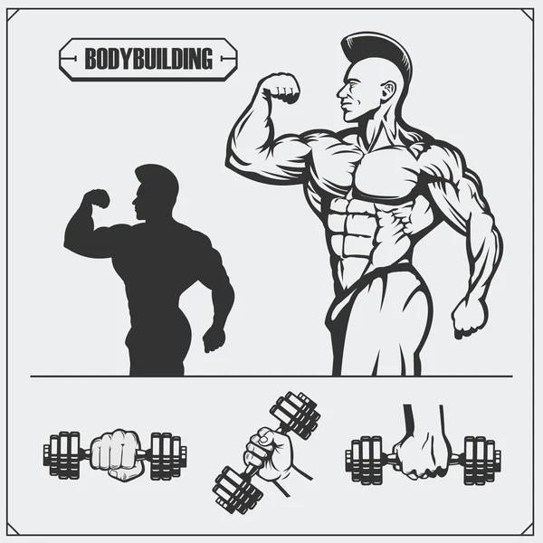 Illustration et silhouette de bodybuilder. Emblème de fitness et éléments de design . — Image vectorielle