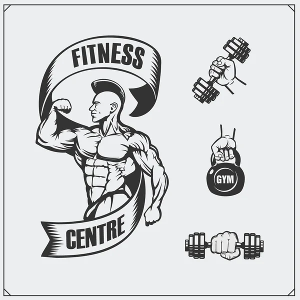Fitness emblema e elementos de design. Ilustração do fisiculturista . —  Vetores de Stock