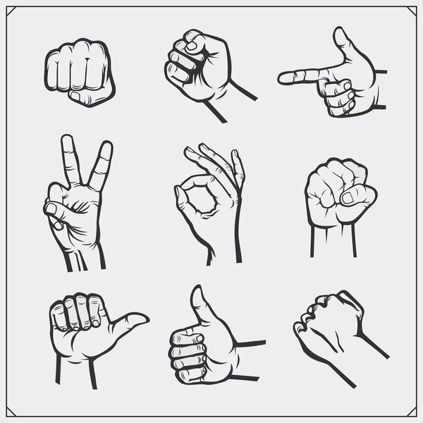 Set of people hands. Different gestures. Vector illustration.
