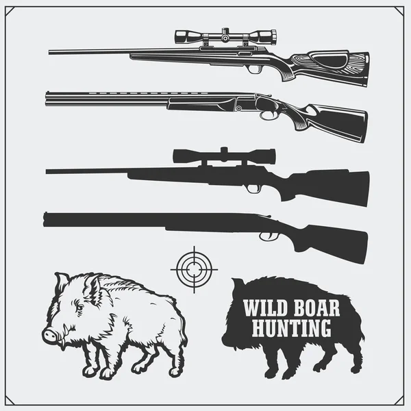 Hunting set. Vector monochrome illustration of a Wild Boar and Hunting rifles. — Stock Vector