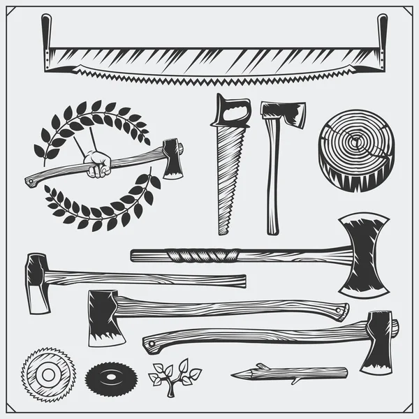 ビンテージ大工道具のベクトルを設定します。斧とのこぎり. — ストックベクタ