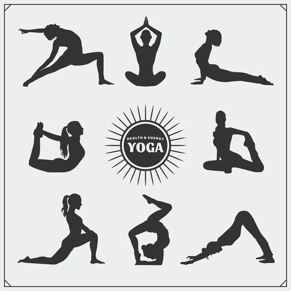 Poses de ioga e logotipo de ioga . — Vetor de Stock
