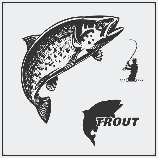Illustrazione vettoriale di un pesce trota ed elementi di design di pesca . — Vettoriale Stock
